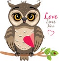 Funny owlet sits on a branch and holds a heart