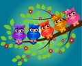 Funny owls on branch in flowers. Spring concept background. Bright illustration, can be used as invitation card. summer wallpaper