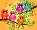 Funny owls on branch in flowers. Spring concept background. Bright illustration, can be used as invitation card. summer wallpaper