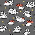 Funny owls in the clouds. Seamless hand-drawn pattern, vector Royalty Free Stock Photo