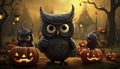 Funny owls at Halloween with cute pumkins. Generative AI illustrations