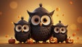 Funny owls at Halloween with cute pumkins. Generative AI illustrations