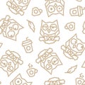 Funny owls and morning coffee low poly seamless pattern. Brown lines on white background.