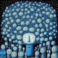 Funny painting of a tree surrounded by a crowd of creature, whimsical surreal art