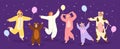 Funny pajama party. Festive celebration with people in animal onesies, kigurumi costumes night celebration with balloons