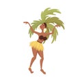 Funny palm woman character. Exotic Hawaiian dancing on the beach. Black young and beautiful girl dances a traditional tropical