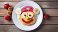 Funny pancake for kids breakfast. Funny pancake in shape of smiley face with banana and strawberry on wooden background. Royalty Free Stock Photo