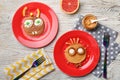 Funny pancakes for kids breakfast on wooden table Royalty Free Stock Photo