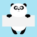 Funny panda bear hanging on paper board template. Big eyes. Kawaii animal body.