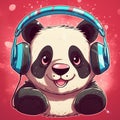 Funny panda bear with rounded ears and black rings around the eyes in headphones.