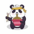 Funny panda eats noodles, ramen,udon. Cartoon Vector Icon Illustration. Flat Cartoon Style Suitable for Web Landing Page