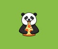 The funny panda eats pizza, logo. Cute wild animal, cartoon character, food logotype