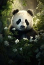 Funny panda in flowers. Created with Generative AI