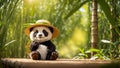 Funny panda on hat a background of bamboo giant forest beautiful fluffy outdoor