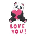 Funny panda with pink heart with text love you