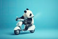 Panda Riding a Motor Scooter on Light Blue Background, Generative AI