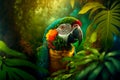 A funny parrot, adorned in colorful plumage, amongst the lush, tropical foliage of the jungle