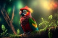 A funny parrot, adorned in colorful plumage, amongst the lush, tropical foliage of the jungle