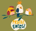 Funny Parrots. Lettering. Exotic bird. Children Cartoon Vector illustration for postcards, posters, designing children\'s