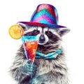 Funny party raccoon wearing colorful summer hat and holding cocktail glass with tasty drink, isolated over white background. Card Royalty Free Stock Photo