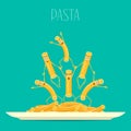 Pasta on a plate vector. Funny, cartoon pasta on a plate. Cartoon characters smiling and laughing. Funny pasta, food vector. Royalty Free Stock Photo