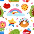 Funny patches pattern. Pop abstract doodles, cartoon fun avocado, rainbow, stars. Colorful childish print, modern Royalty Free Stock Photo