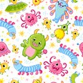 Funny pattern with aliens. Vector seamless illustration with cute monsters