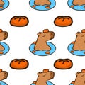 Funny pattern with capybaras. Repetitive design element. Relaxing capybara in water with tangerines. Vector illustration