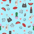 Funny pattern with eyes, lollipops,watermelon, mouth, lipstick, hearts and diamonds.