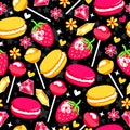 Funny pattern with strawberry, lollipops, diamonds, flowers, hearts and macaroons.