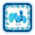 Funny patterned rooster - strongman with wings in the form of a paisley isolated on a white background and decorative floral frame