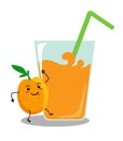 Funny peach kawai with a glass of peach juice. Vector illustration on white background.