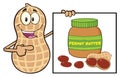 Funny Peanut Cartoon Mascot Character Showing A Banner With Peanut Butter Jar Royalty Free Stock Photo