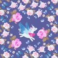 Funny pegasus and flying unicorns - butterflies among rose flowers on dark blue background. Seamless pattern