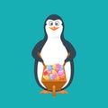 Funny penguin, Antarctic bird, with cart, filled easter eggs, flowers.