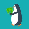 Funny penguin, Antarctic bird, with clover bouqet. Holiday Saint Patrick.