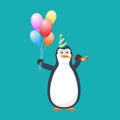 Funny penguin, Antarctic bird, in holiday hat, with pipe, baloons.