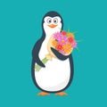 Funny penguin, Antarctic bird, with large bouquet flowers and smile. Royalty Free Stock Photo
