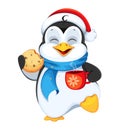 Funny penguin cartoon character with hot tea and cookie