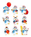 Funny penguin cartoon characterCute penguin, set of nine poses. Merry Christmas and Happy New Year.