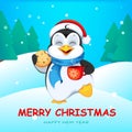 Funny penguin cartoon characterMerry Christmas greeting card with cute penguin holding a cup of tea and cookie.