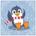 Funny penguin playing snowballs.