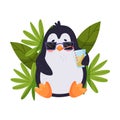 Funny Penguin Sitting on Beach Drinking Juice Vector Illustration