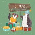 Funny penguins friends celebrating Christmas