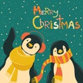 Funny penguins friends celebrating Christmas