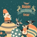 Funny penguins with Santa Claus celebrating