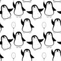 Funny penguins seamless pattern in hand drawn doodle style. Vector illustration isolated on white. Royalty Free Stock Photo