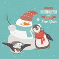 Funny penguins with snowman celebrating Christmas