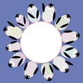 Funny penguins for winter design round frame for your text card template on blue lilac background. Vector