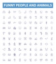Funny people and animals line icons, signs set. Humorous, Comical, Amusing, Clowning, Witty, Waggish, sportive, Farce